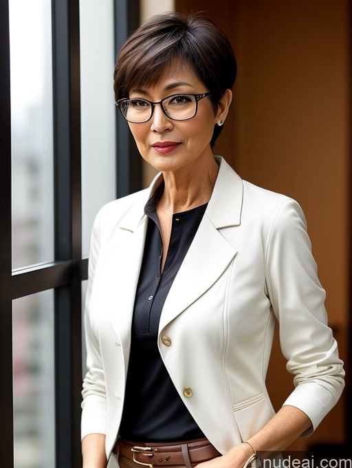 ai nude image of there is a woman standing by a window with a black shirt and glasses pics of Milf Perfect Boobs Perfect Body Beautiful Glasses 60s Sexy Face Short Hair Japanese Blouse Jacket Bra Casual Stylish Suit Secretary Professor Dark Lighting Detailed