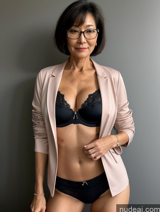 ai nude image of there is a woman in a bra and glasses posing for a picture pics of Milf Perfect Boobs Perfect Body Beautiful Glasses 60s Sexy Face Short Hair Japanese Blouse Jacket Bra Casual Stylish Suit Secretary Professor Dark Lighting Detailed Topless