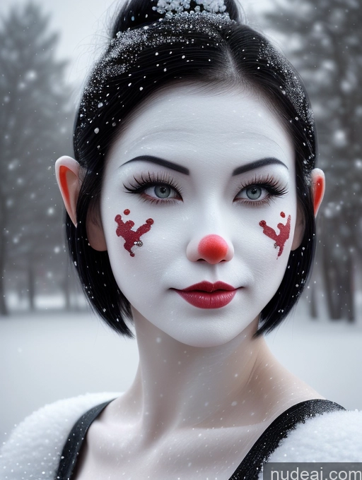 ai nude image of arafed woman with painted face and nose in snow pics of Perfect Body Fairer Skin Woman 20s Black Hair Pixie 3d Chinese Snow Clown