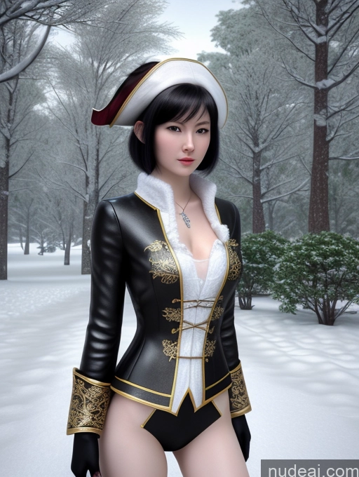 ai nude image of arafed woman in a black and white outfit posing in the snow pics of Perfect Body Fairer Skin Woman 20s Black Hair Pixie 3d Chinese Snow Front View Pirate