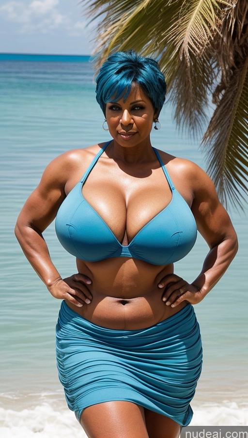 ai nude image of arafed woman in a blue bikini posing on the beach pics of Milf Busty Beautiful Big Ass Big Hips Tall 50s Sexy Face Indian Front View T-pose Detailed Dark Skin Beach Muscular Abs Perfect Body Pixie Huge Boobs Long Skirt Serious Bra Blue Hair