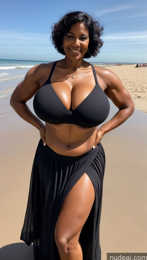 ai nude image of arafed woman in a black bikini and skirt on the beach pics of Milf Busty Beautiful Big Ass Big Hips Tall 50s Sexy Face Indian Front View T-pose Detailed Dark Skin Beach Muscular Abs Perfect Body Pixie Huge Boobs Long Skirt Bra Orgasm Black Hair