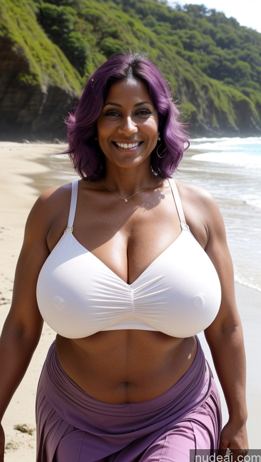 ai nude image of woman with purple hair and big breast walking on beach near water pics of Milf Busty Beautiful Big Ass Big Hips Tall 50s Sexy Face Indian Front View T-pose Detailed Dark Skin Beach Muscular Abs Pixie Huge Boobs Long Skirt Bra Dark Lighting Perfect Body Happy Purple Hair