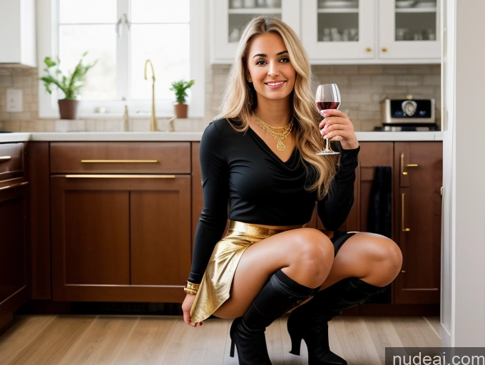 ai nude image of blonde woman in black top and gold skirt holding a glass of wine pics of Sorority Beautiful Tanned Skin Skinny Long Hair White 18 Boots Blonde Squatting Stockings Stylish Mini Skirt Blouse Gold Jewelry Wine One Kitchen