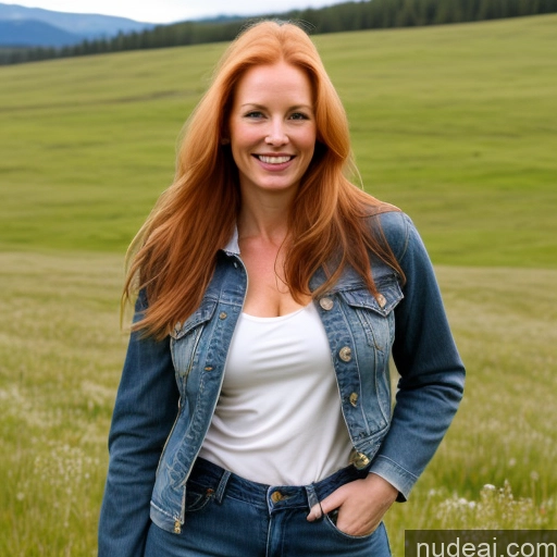 ai nude image of smiling woman in a field of grass with a blue jean jacket pics of One Perfect Boobs 40s Happy Long Hair Fairer Skin Ginger Swedish Front View Model Jeans Meadow Jacket