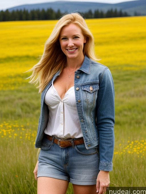 ai nude image of blonde woman in a field of yellow flowers wearing a denim jacket pics of One Perfect Boobs 40s Happy Long Hair Fairer Skin Front View Model Jeans Meadow Jacket Cleavage Blonde Irish Western Shirt