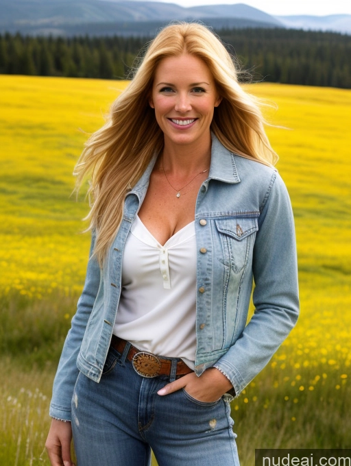 ai nude image of blonde woman in a field of yellow flowers with a denim jacket pics of One Perfect Boobs 40s Happy Long Hair Fairer Skin Front View Model Jeans Meadow Jacket Cleavage Blonde Irish Western Shirt