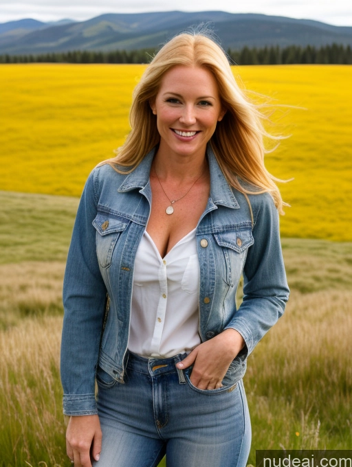 ai nude image of blonde woman in jeans posing in front of a field of yellow flowers pics of One Perfect Boobs 40s Happy Long Hair Fairer Skin Front View Model Jeans Meadow Jacket Cleavage Blonde Irish Western Shirt