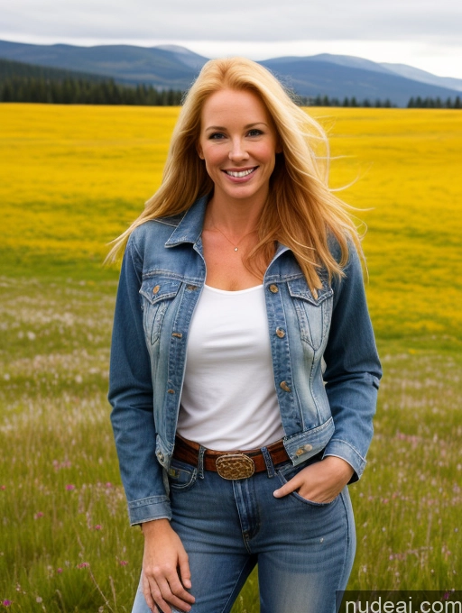 ai nude image of blonde woman in a field of flowers with a blue jean jacket pics of One Perfect Boobs 40s Happy Long Hair Fairer Skin Front View Model Jeans Meadow Jacket Blonde Irish Western Shirt