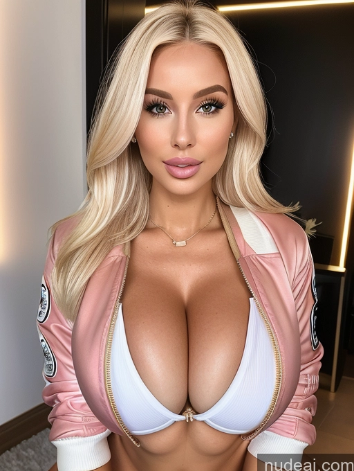 ai nude image of a close up of a woman with a very big breast pics of Bimbo One Huge Boobs 20s Blonde Straight White Cleavage Bright Lighting Bomber