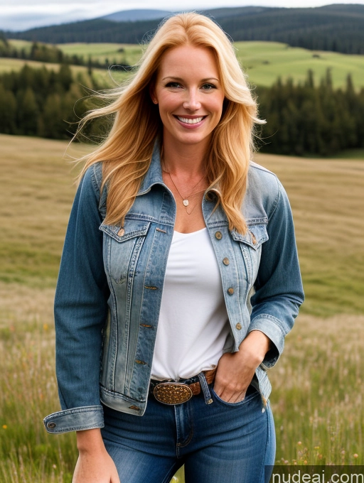 ai nude image of blond woman in a denim jacket and jeans standing in a field pics of One Perfect Boobs 40s Happy Long Hair Fairer Skin Front View Model Jeans Meadow Jacket Blonde Irish Western Shirt