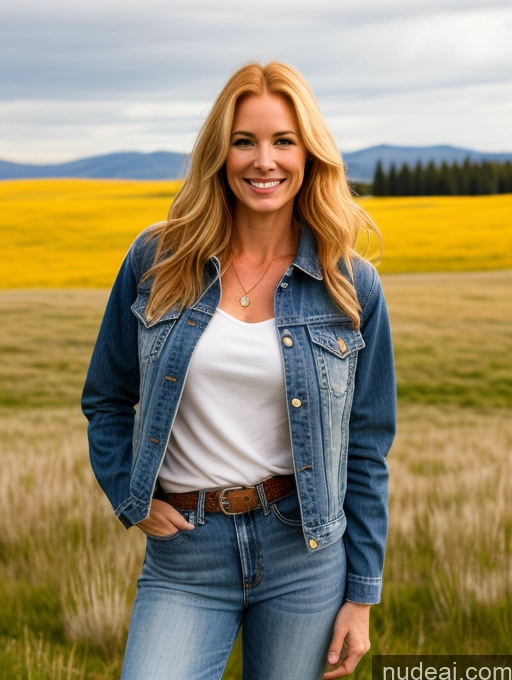 ai nude image of smiling woman in a field of yellow flowers wearing a denim jacket pics of One Perfect Boobs 40s Happy Long Hair Fairer Skin Front View Model Jeans Meadow Jacket Blonde Irish Western Shirt