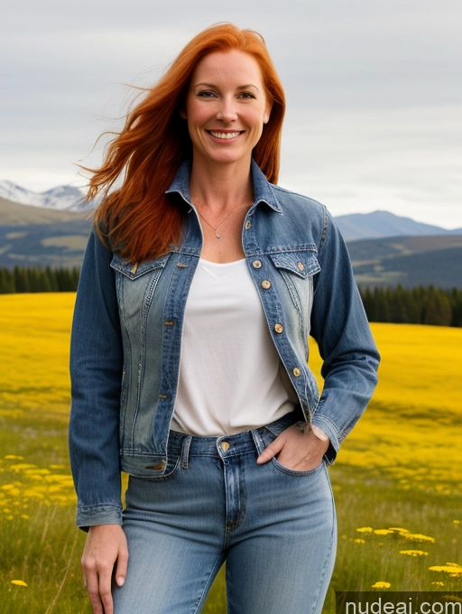 ai nude image of smiling woman in a field of yellow flowers with mountains in the background pics of One Perfect Boobs 40s Happy Long Hair Fairer Skin Front View Model Jeans Meadow Jacket Irish Western Shirt