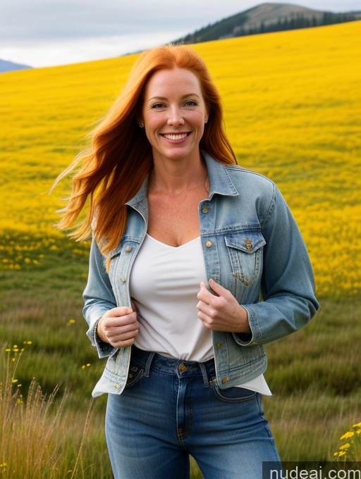 ai nude image of smiling woman in a field of yellow flowers with a denim jacket pics of One Perfect Boobs 40s Happy Long Hair Fairer Skin Front View Model Jeans Meadow Jacket Irish Western Shirt