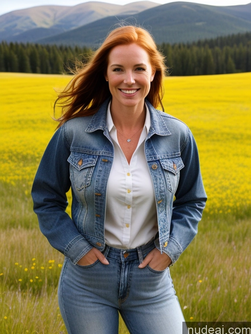 ai nude image of smiling woman in a field of yellow flowers with mountains in the background pics of One Perfect Boobs 40s Happy Long Hair Fairer Skin Front View Model Jeans Meadow Jacket Irish Western Shirt Brunette