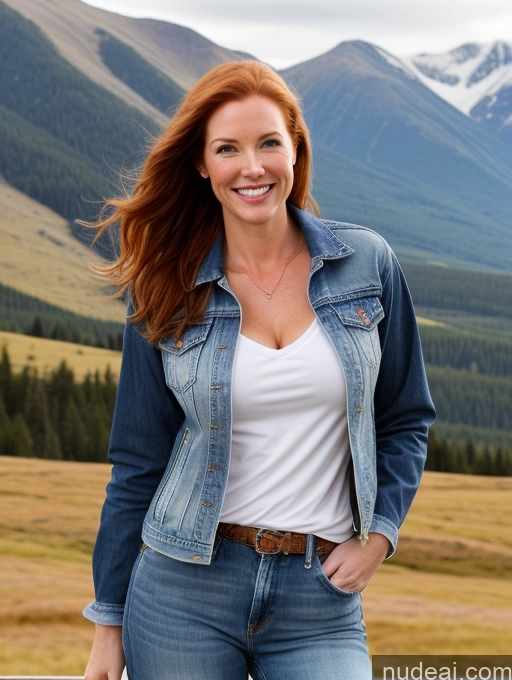 ai nude image of smiling woman in jeans and a denim jacket standing in front of a mountain pics of One Perfect Boobs 40s Happy Long Hair Fairer Skin Front View Model Jeans Jacket Irish Western Shirt Brunette Mountains