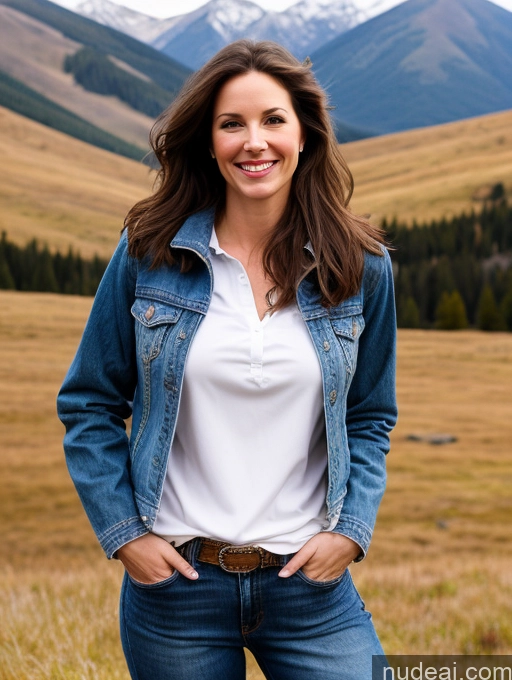 ai nude image of smiling woman in a field with mountains in the background pics of One Perfect Boobs 40s Happy Long Hair Fairer Skin Front View Model Jeans Jacket Western Shirt Brunette Mountains White