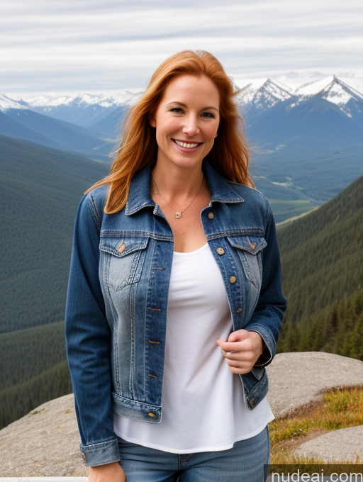 ai nude image of smiling woman in denim jacket standing on a rock overlooking a mountain range pics of One Perfect Boobs 40s Happy Long Hair Fairer Skin Front View Model Jeans Jacket Western Shirt Mountains White Ginger