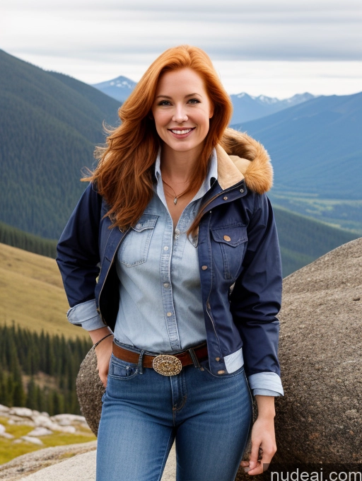 ai nude image of smiling woman in blue jacket and jeans standing on rock with mountains in background pics of One Perfect Boobs 40s Happy Long Hair Fairer Skin Front View Model Jeans Jacket Western Shirt Mountains White Ginger