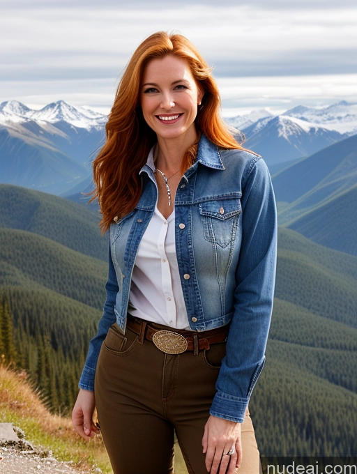 ai nude image of smiling woman in denim jacket and brown pants standing on a mountain pics of One Perfect Boobs 40s Happy Long Hair Fairer Skin Front View Model Jeans Jacket Western Shirt Mountains Ginger Russian