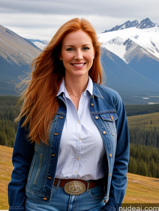 ai nude image of smiling woman in denim jacket and jeans standing in front of a mountain pics of One Perfect Boobs 40s Happy Long Hair Fairer Skin Front View Model Jeans Jacket Western Shirt Mountains Ginger Russian