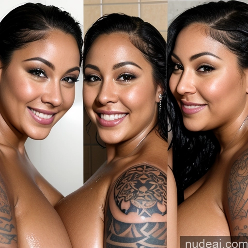 ai nude image of three women with tattoos on their arms and shoulder posing for a picture pics of Woman Busty Tattoos Huge Boobs Big Ass Perfect Boobs Thick Chubby Fat Big Hips Short Oiled Body 30s Happy Laughing Black Hair Shower Nude Black