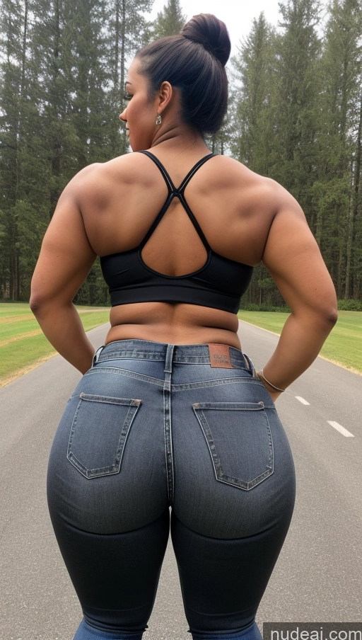 ai nude image of arafed woman in jeans and a bra top standing on a road pics of Athlete Big Ass Big Hips Jeans Black Hair