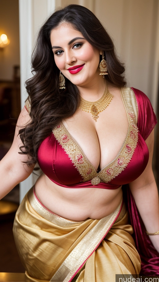 ai nude image of araffed woman in a sari posing for a picture pics of Milf Busty Beautiful Lipstick Thick Chubby Big Hips Fat Fairer Skin 20s Happy Seductive Brunette Long Hair Russian Party Straddling Sari Blouse Dirndl Victorian Cleavage Gold Jewelry