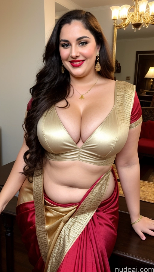 ai nude image of araffe woman in a gold and red sari posing for a picture pics of Milf Busty Beautiful Lipstick Thick Chubby Big Hips Fat Fairer Skin 20s Happy Seductive Brunette Long Hair Russian Party Straddling Sari Blouse Dirndl Victorian Cleavage Gold Jewelry