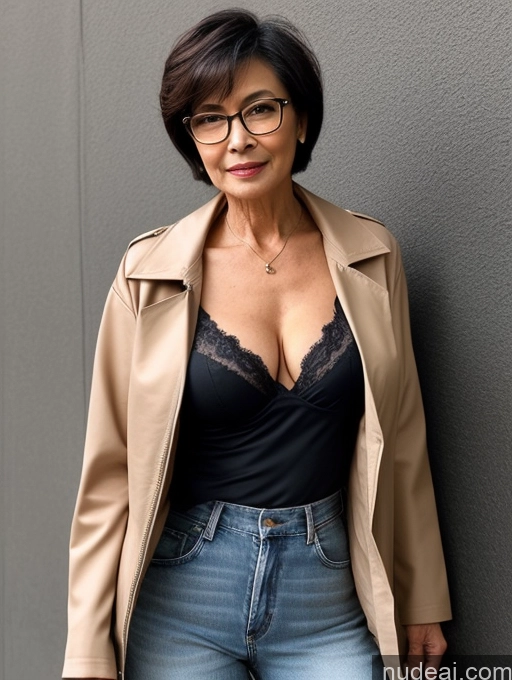 ai nude image of arafed woman in a black top and jeans posing for a picture pics of Milf Two Perfect Boobs Perfect Body Beautiful Glasses Sexy Face Short Hair Asian Blouse Bra Casual Jacket Jeans Stylish Professor Secretary Cleavage Dark Lighting Detailed 60s