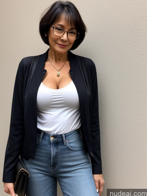 ai nude image of arafed woman in a white shirt and black jacket posing for a picture pics of Milf Two Perfect Boobs Perfect Body Beautiful Glasses Sexy Face Short Hair Asian Blouse Bra Casual Jacket Jeans Stylish Professor Secretary Cleavage Dark Lighting Detailed 70s