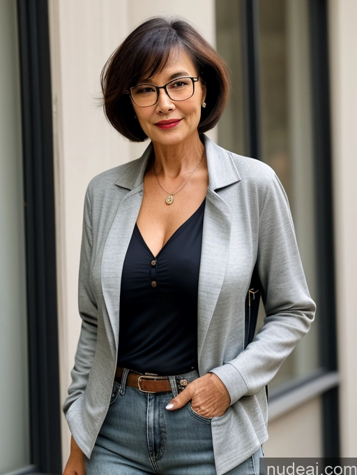 related ai porn images free for Milf Two Perfect Boobs Perfect Body Beautiful Glasses Sexy Face Short Hair Asian Blouse Bra Casual Jacket Jeans Stylish Professor Secretary Cleavage Dark Lighting Detailed 70s