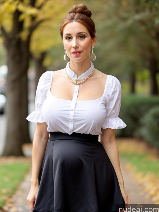 ai nude image of there is a woman that is standing on a sidewalk with a purse pics of Huge Boobs Skinny Short Pregnant Shocked Ginger Hair Bun Jewish Dress Casual Mini Skirt Victorian Pearl Jewelry Secretary