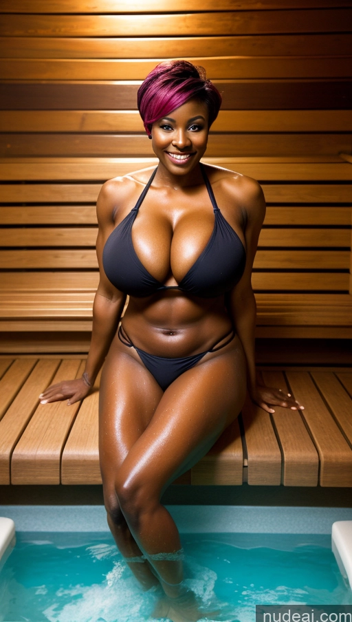 ai nude image of there is a woman in a bikini sitting in a sauna pics of Busty Huge Boobs Beautiful Muscular Abs Tall Dark Skin 40s Laughing Pixie Front View Detailed Dark Lighting Bikini One Milf Sauna Oiled Body Nigerian Pink Hair Jumping