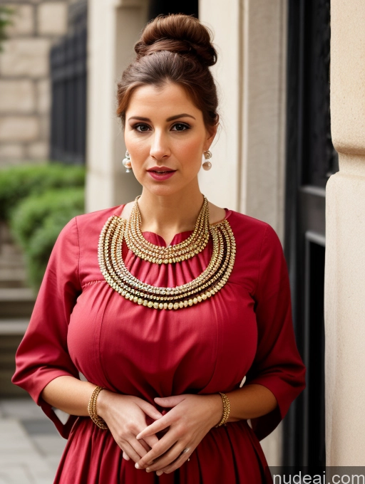 ai nude image of araffe woman in a red dress standing in front of a building pics of Huge Boobs Skinny Short Pregnant Shocked Ginger Hair Bun Jewish Dress Pearl Jewelry Traditional Front View