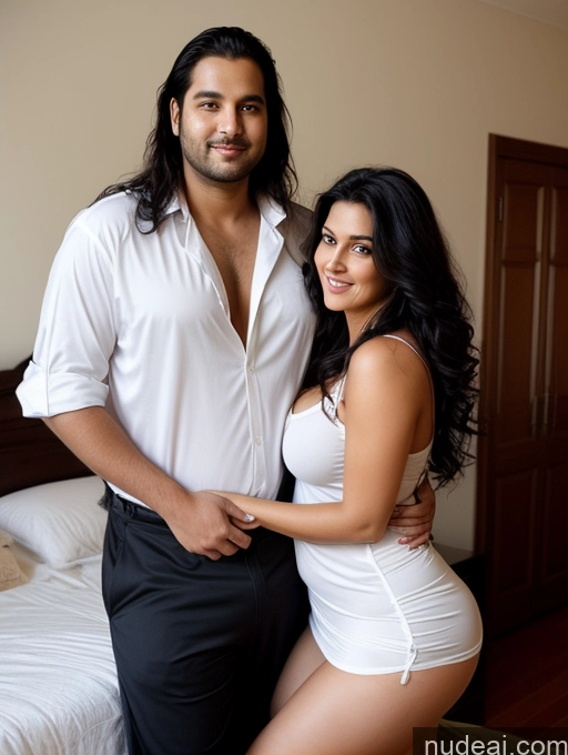 ai nude image of there is a man and woman posing for a picture in a bedroom pics of Woman + Man Perfect Boobs Beautiful Big Ass Chubby Long Legs Perfect Body 30s Sexy Face Seductive Black Hair Long Hair Indian Bedroom Front View Shirt Nightgown Close Up Vaginal + Creampie One