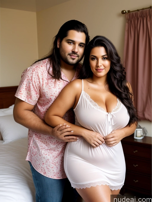 ai nude image of they are posing for a picture in a hotel room pics of Woman + Man Perfect Boobs Beautiful Big Ass Chubby Long Legs Perfect Body 30s Sexy Face Seductive Black Hair Long Hair Indian Bedroom Front View Shirt Nightgown Close Up Vaginal + Creampie One