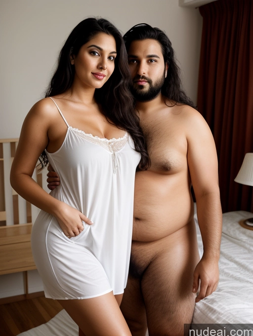 ai nude image of there is a man and woman posing for a picture in a bedroom pics of Woman + Man Perfect Boobs Beautiful Big Ass Chubby Long Legs Perfect Body 30s Sexy Face Seductive Black Hair Long Hair Indian Bedroom Front View Shirt Nightgown Close Up Vaginal + Creampie One