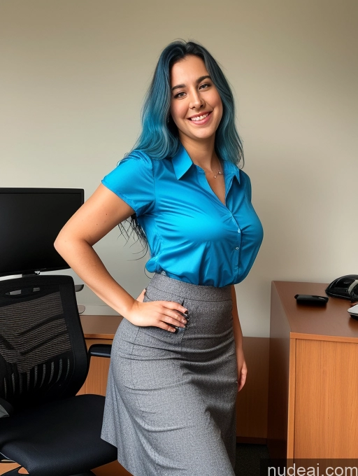 ai nude image of arafed woman in a skirt and blue shirt standing in front of a desk pics of Beautiful Big Ass Big Hips Perfect Body Long Legs Orgasm Office Front View Bending Over 20s Long Skirt Blouse Blue Hair Messy French