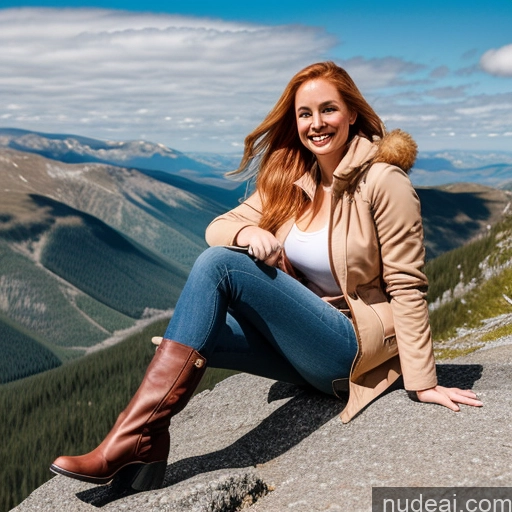 ai nude image of arafed woman sitting on a rock with a view of mountains pics of Model One Perfect Boobs Perfect Body 40s Fairer Skin Happy Blonde Long Hair Irish Front View Cleavage Mountains Boots Jeans Jacket