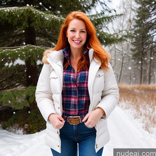 ai nude image of arafed woman in a white jacket and jeans standing in the snow pics of Model One Perfect Boobs 40s Fairer Skin Happy Long Hair Front View Cleavage Jeans Jacket Ginger Swedish Lumberjack Snow