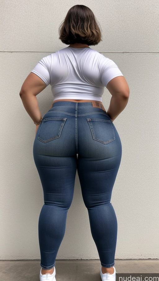 ai nude image of araffe butt lifter in jeans and white shirt standing against a wall pics of Athlete Big Ass Big Hips Jeans Bobcut