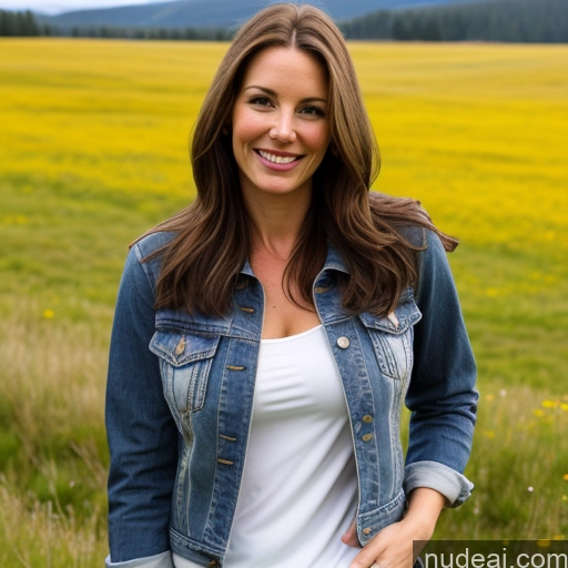 ai nude image of smiling woman in a field of yellow flowers with a blue jean jacket pics of Model One Perfect Boobs 40s Fairer Skin Happy Long Hair Front View Jeans Jacket Brunette Meadow White