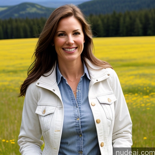 ai nude image of smiling woman in a field of yellow flowers with mountains in the background pics of Model One Perfect Boobs 40s Fairer Skin Happy Long Hair Front View Jeans Jacket Brunette Meadow White