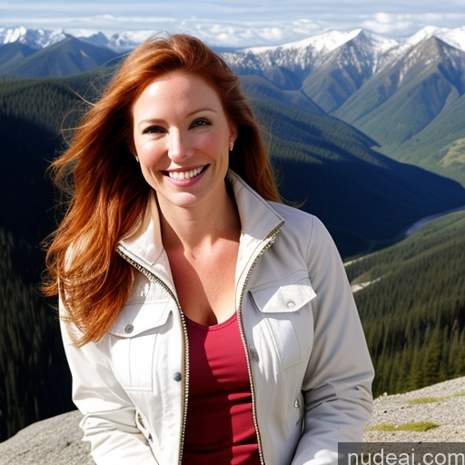 ai nude image of smiling woman in white jacket sitting on rock with mountains in background pics of Model One Perfect Boobs 40s Fairer Skin Happy Long Hair Front View Jeans Jacket White Mountains Ginger