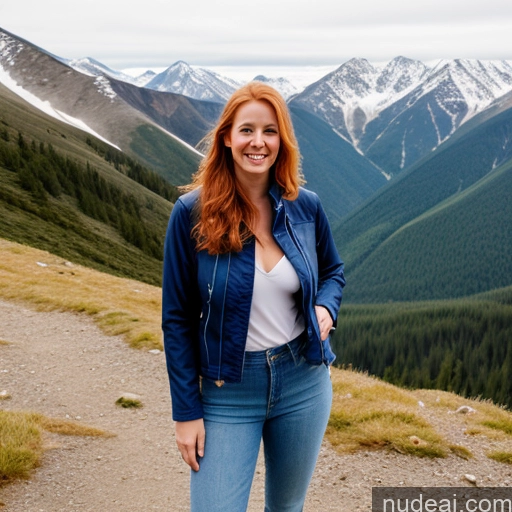 ai nude image of smiling woman standing on a mountain trail with a view of mountains pics of Model One Perfect Boobs 40s Fairer Skin Happy Long Hair Front View Jeans Jacket White Mountains Ginger