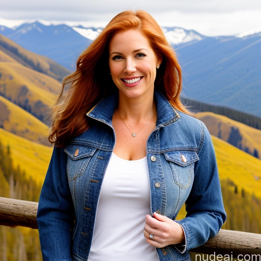 ai nude image of smiling woman in denim jacket standing on a wooden fence in front of mountains pics of Model One Perfect Boobs 40s Fairer Skin Happy Long Hair Front View Jeans Jacket White Mountains Ginger