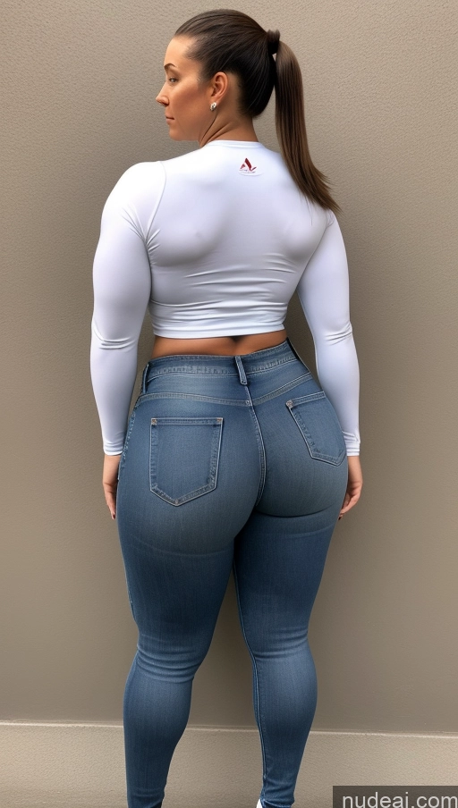 ai nude image of a woman in a white top and jeans standing against a wall pics of Athlete Big Ass Big Hips Jeans Ponytail