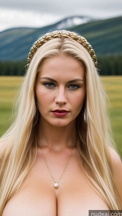 ai nude image of blond woman with a crown on her head posing for a picture pics of Huge Boobs Long Legs Perfect Body Pubic Hair Lipstick 18 Angry Blonde Long Hair Scandinavian Gold Jewelry Pearl Jewelry Viking Cleavage Meadow