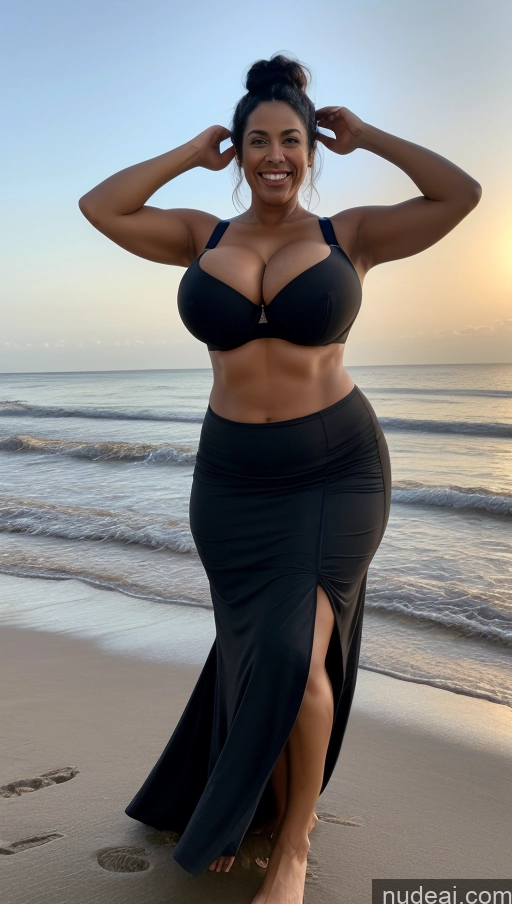 ai nude image of a pregnant woman in a black dress standing on a beach pics of Milf Busty Huge Boobs Beautiful Big Ass Abs Big Hips Tall Dark Skin 50s Sexy Face Laughing Black Hair Hair Bun Indian Beach Front View T-pose Bra Long Skirt Dark Lighting Detailed